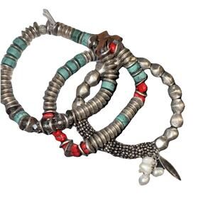 Chico’s silver metal beaded turquoise and freshwater pearl bracelets lot of 3